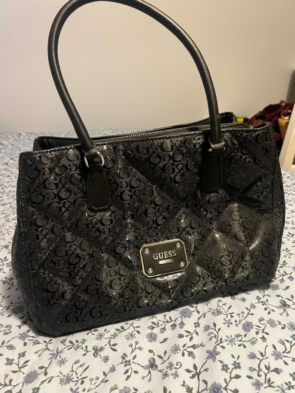 GUESS Black Quilted Logo Satchel Hand Bag Purse